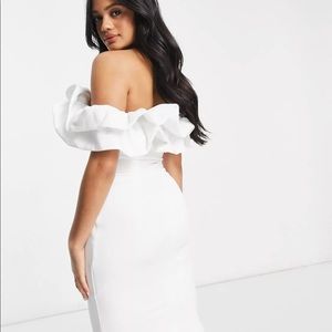WHITE BARDOT FRILL MIDI DRESS - like house of cb